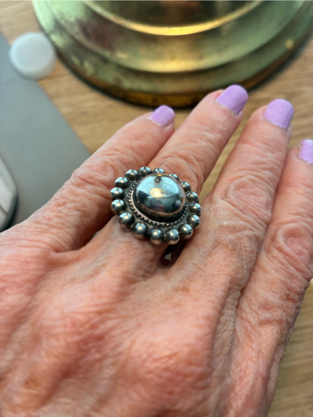 Vintage Sterling Silver Beaded Done Ring - Size 5